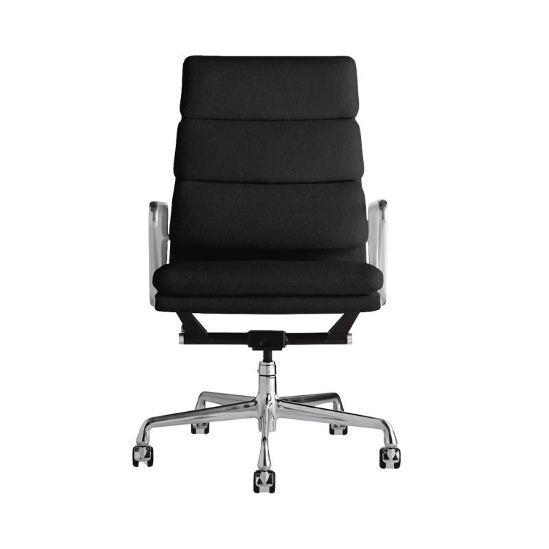 The Eames Soft Pad Executive Chair Stow Leather Raven from Herman Miller.