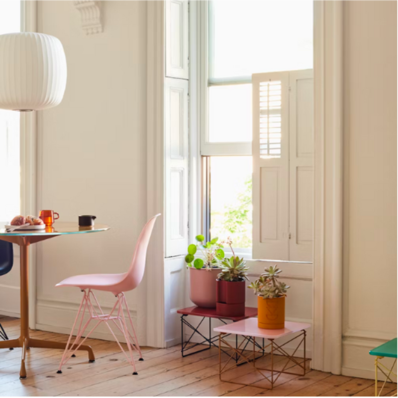 All three colors of the Eames Wire Base Low Table, Herman Miller x HAY, from Herman Miller, in a living space. all-groups