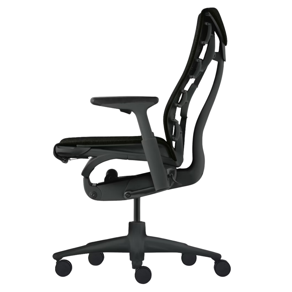 The Embody Chair from Herman Miller with black sync fabric, graphite and graphite frame, and hard floor or carpet casters from the side.