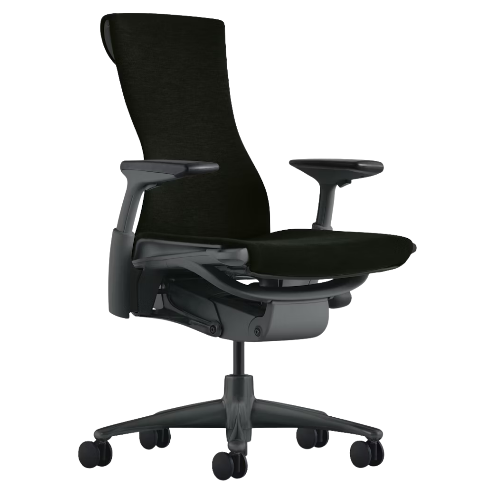 The Embody Chair from Herman Miller with black sync fabric, graphite and graphite frame, and hard floor or carpet casters.