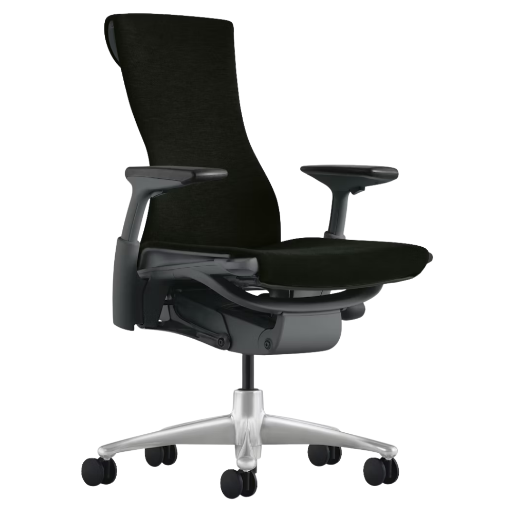 The Embody Chair from Herman Miller with black sync fabric, graphite and titanium frame, and hard floor or carpet casters.