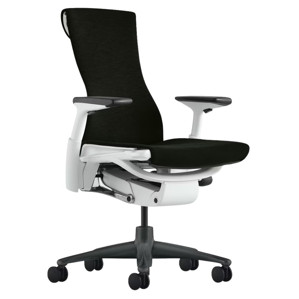 The Embody Chair from Herman Miller with black sync fabric, white and graphite frame, and hard floor or carpet casters.