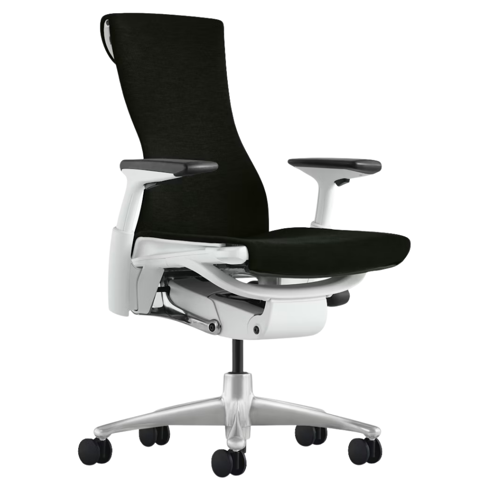 The Embody Chair from Herman Miller with black sync fabric, white and titanium frame, and hard floor or carpet casters.
