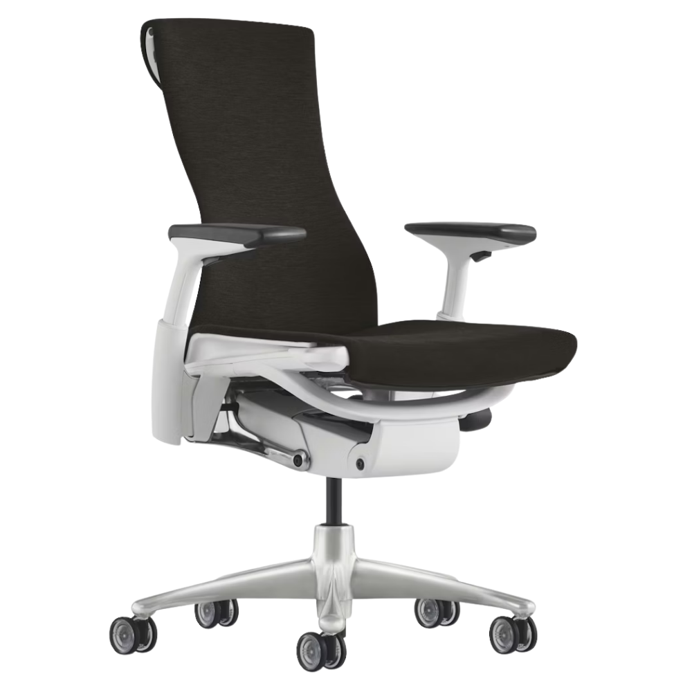 The Embody Chair from Herman Miller with black sync fabric, white and titanium frame, and translucent hard floor or carpet casters.