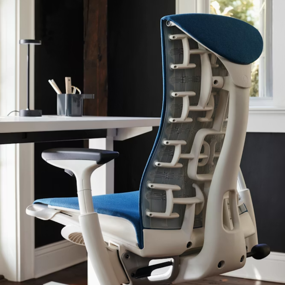 The Embody Chair from Herman Miller with blue grotto medley fabric in a family area. all-groups