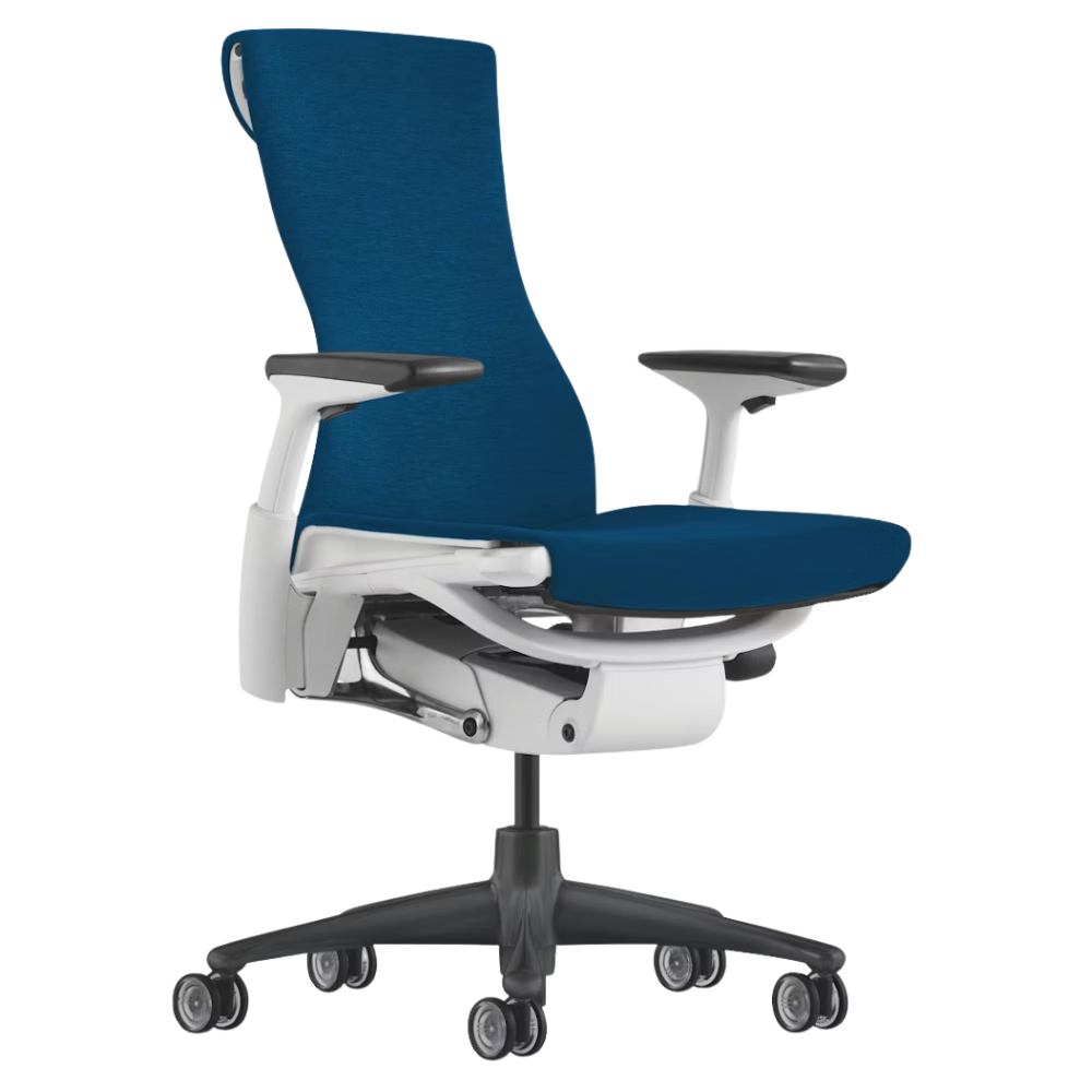The Embody Chair from Herman Miller with blue grotto medley fabric, white and graphite frame, and translucent hard floor or carpet casters.
