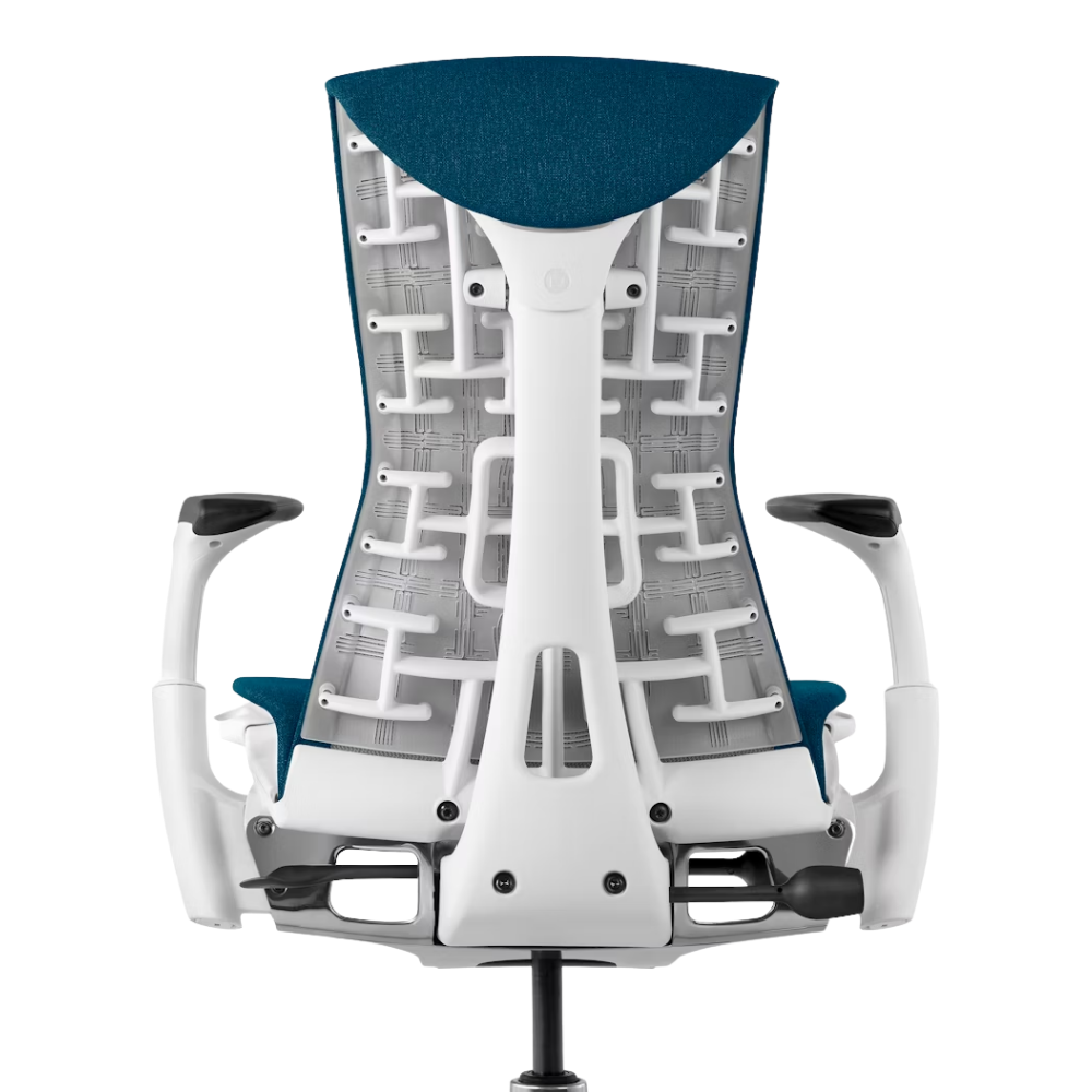 The Embody Chair from Herman Miller with blue grotto medley fabric and a white frame from the back.