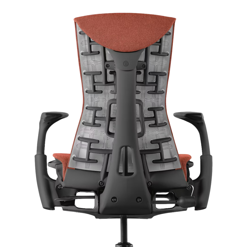 The Embody Chair from Herman Miller with canyon sync fabric and a graphite frame from the back.