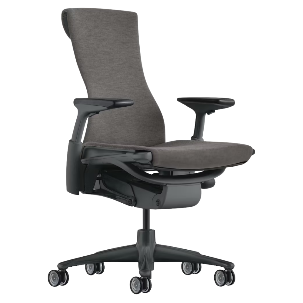 The Embody Chair from Herman Miller with charcoal medley fabric, graphite and graphite frame, and translucent hard floor or carpet casters.