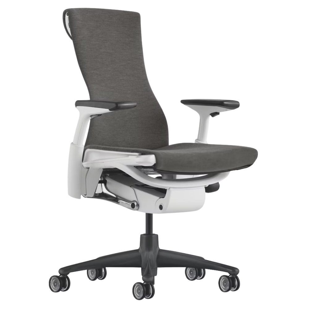 The Embody Chair from Herman Miller with charcoal medley fabric, white and graphite frame, and translucent hard floor or carpet casters.
