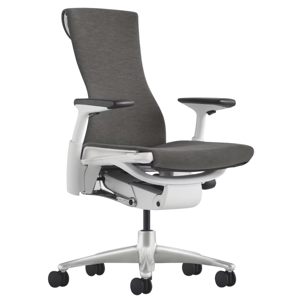 The Embody Chair from Herman Miller with charcoal medley fabric, white and titanium frame, and hard floor or carpet casters.