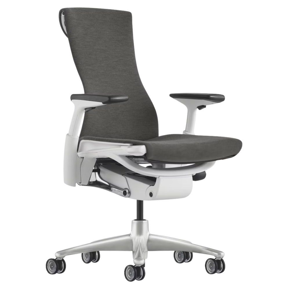 The Embody Chair from Herman Miller with charcoal medley fabric, white and titanium frame, and translucent hard floor or carpet casters.
