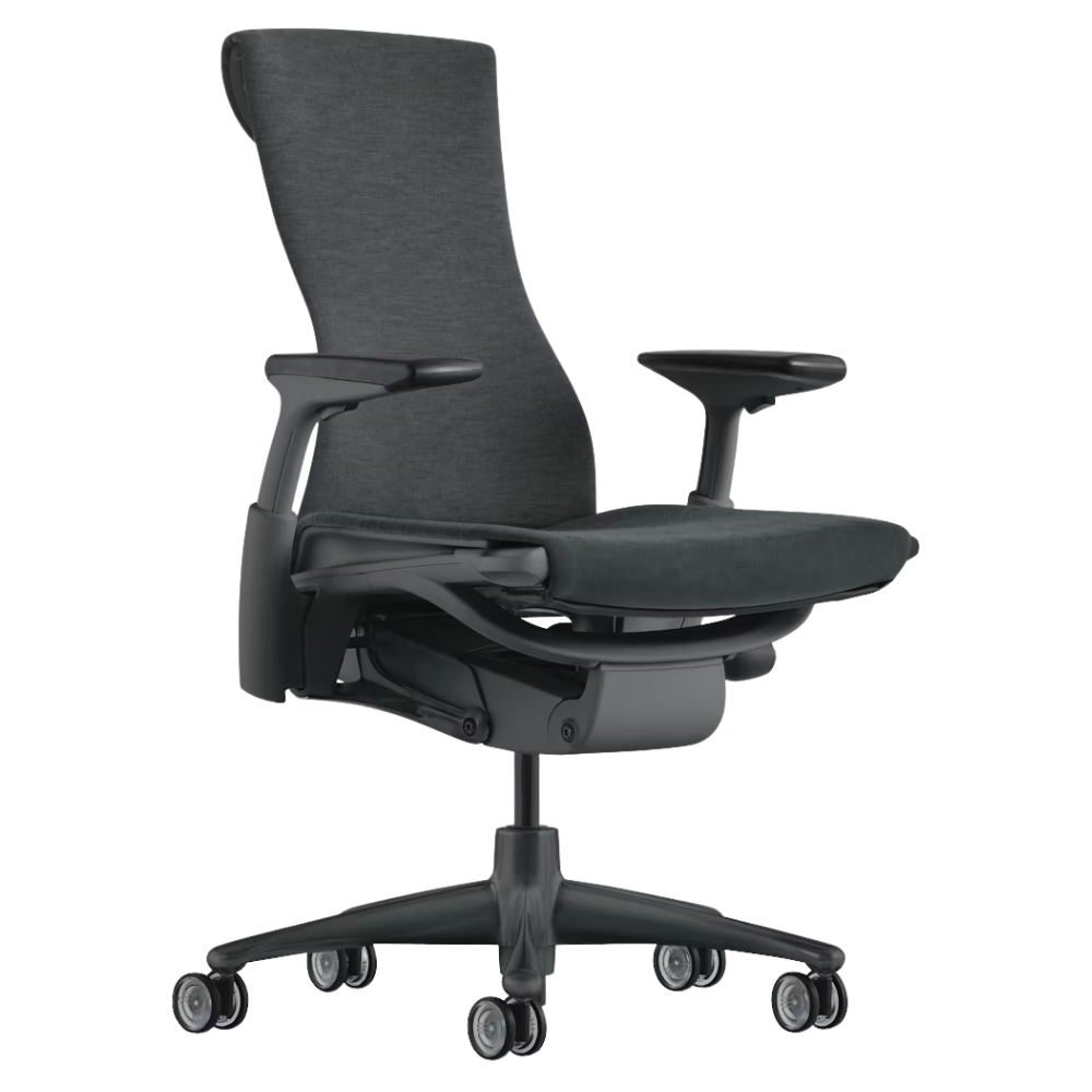 The Embody Chair from Herman Miller with dark carbon sync fabric, graphite and graphite frame, and translucent hard floor or carpet casters.