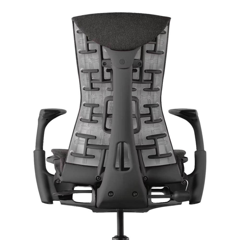 The Embody Chair from Herman Miller with dark carbon sync fabric and a graphite frame from the back.