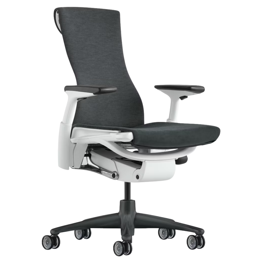 The Embody Chair from Herman Miller with dark carbon sync fabric, white and graphite frame, and translucent hard floor or carpet casters.