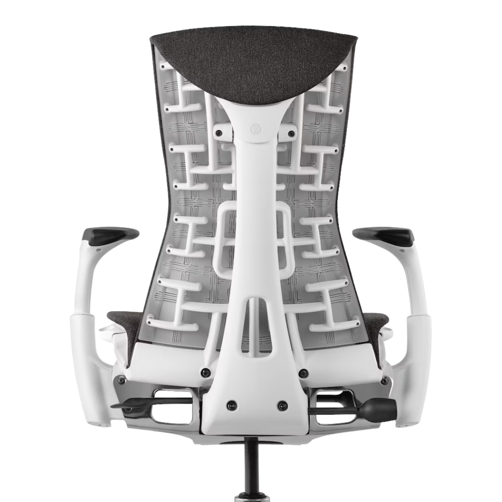 The Embody Chair from Herman Miller with dark carbon sync fabric and a white frame from the back.