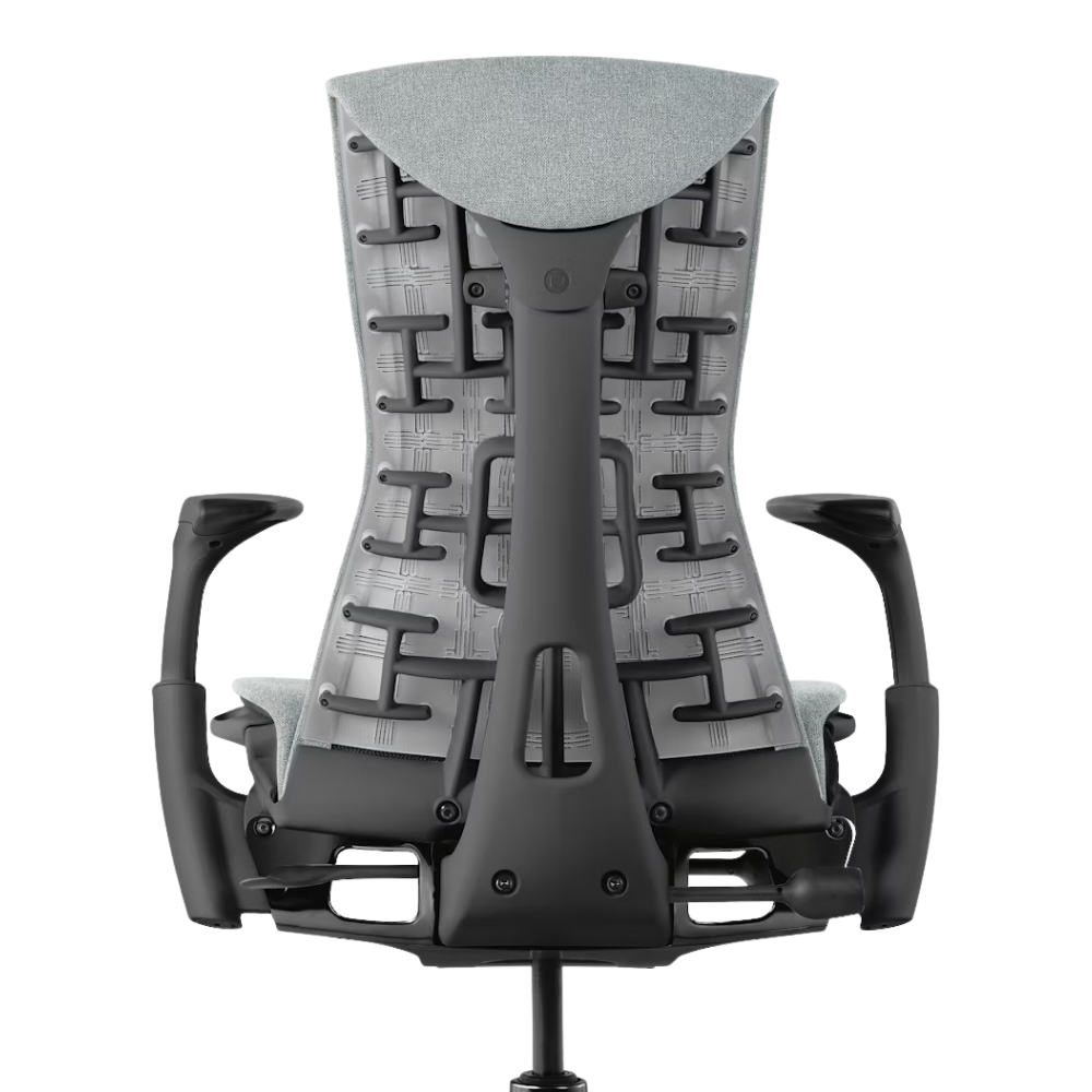 The Embody Chair from Herman Miller with dark mineral sync fabric and a graphite black frame from the back.