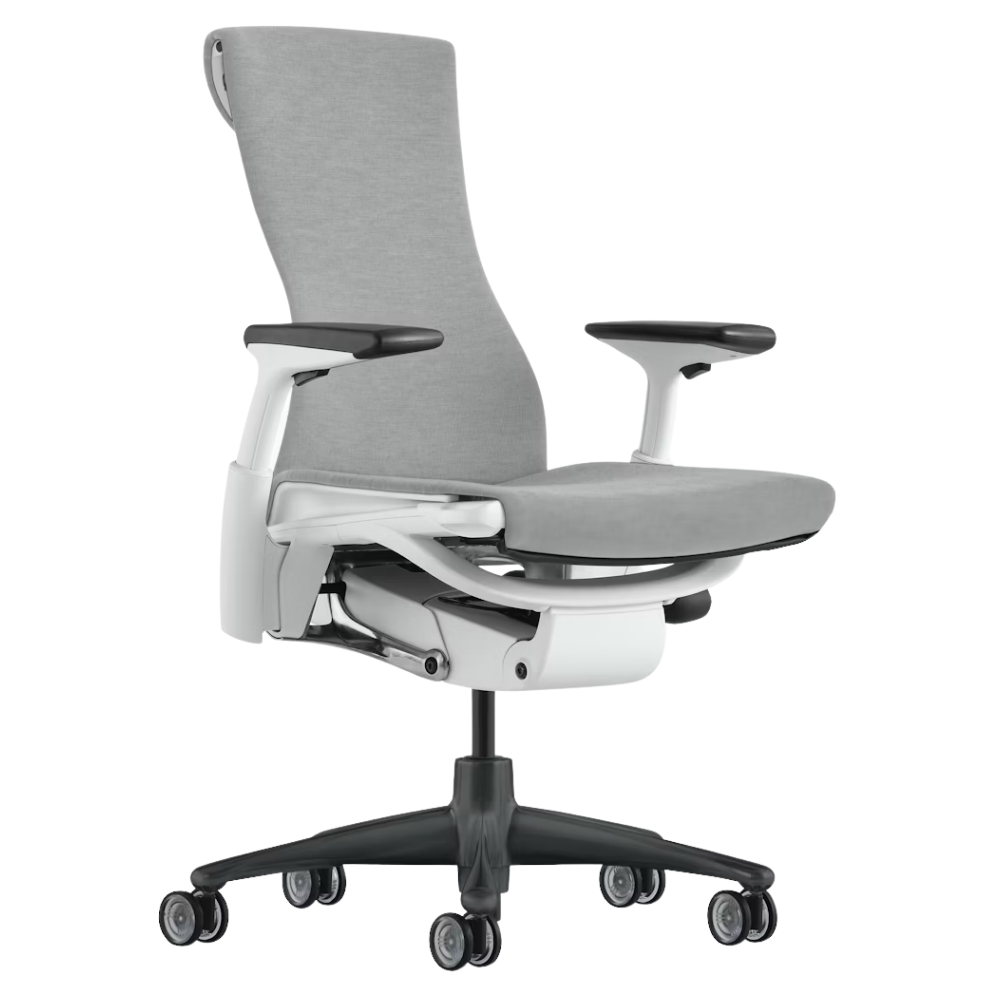 The Embody Chair from Herman Miller with dark mineral sync fabric, white and graphite frame, and translucent hard floor or carpet casters.