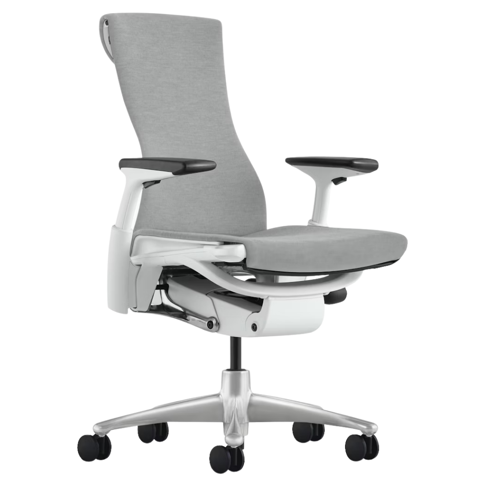 The Embody Chair from Herman Miller with dark mineral sync fabric, white and titanium frame, and hard floor or carpet casters.