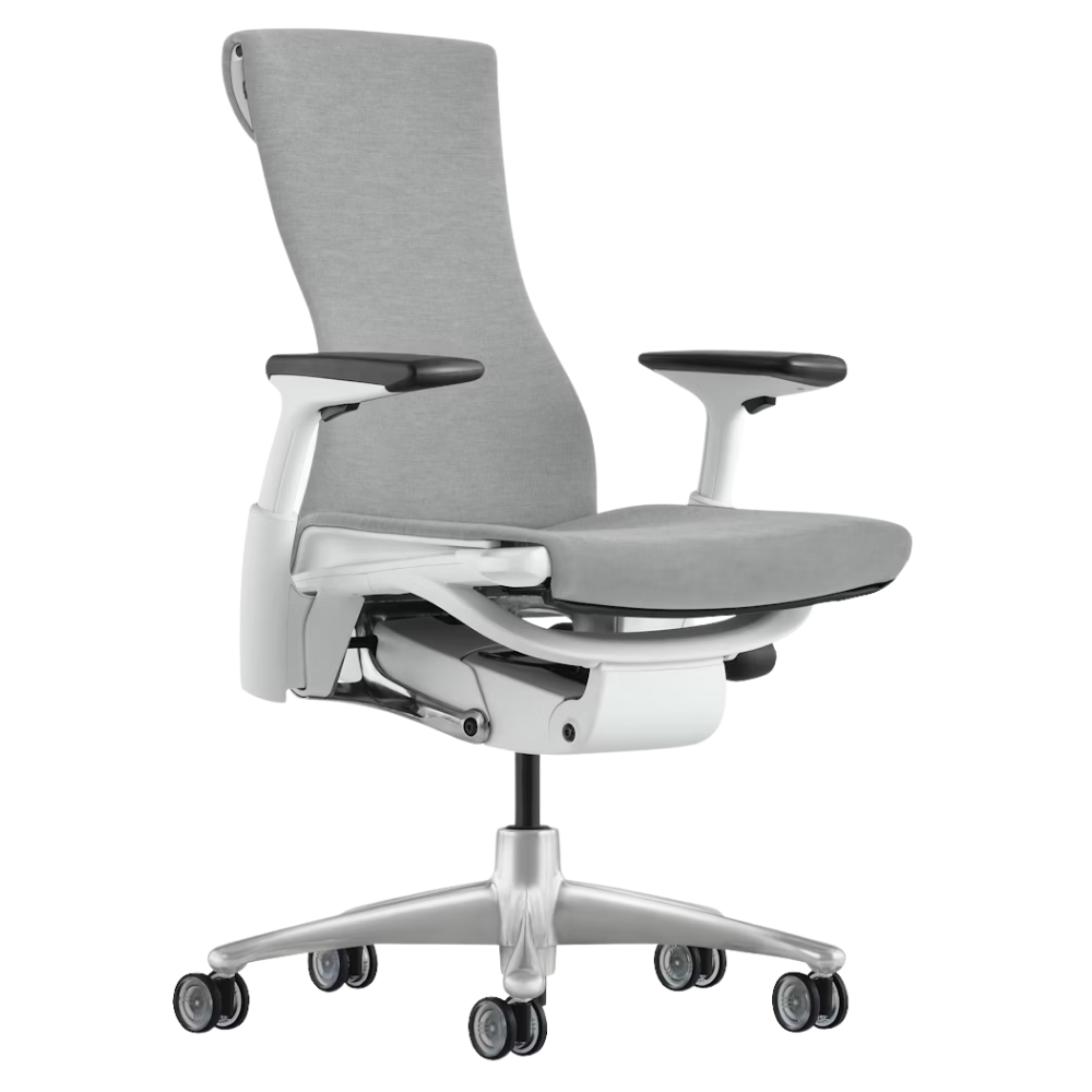 The Embody Chair from Herman Miller with dark mineral sync fabric, white and titanium frame, and translucent hard floor or carpet casters.