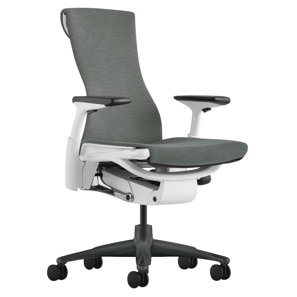 The Embody Chair from Herman Miller with feather grey medley fabric, white and graphite frame, and hard floor or carpet casters.