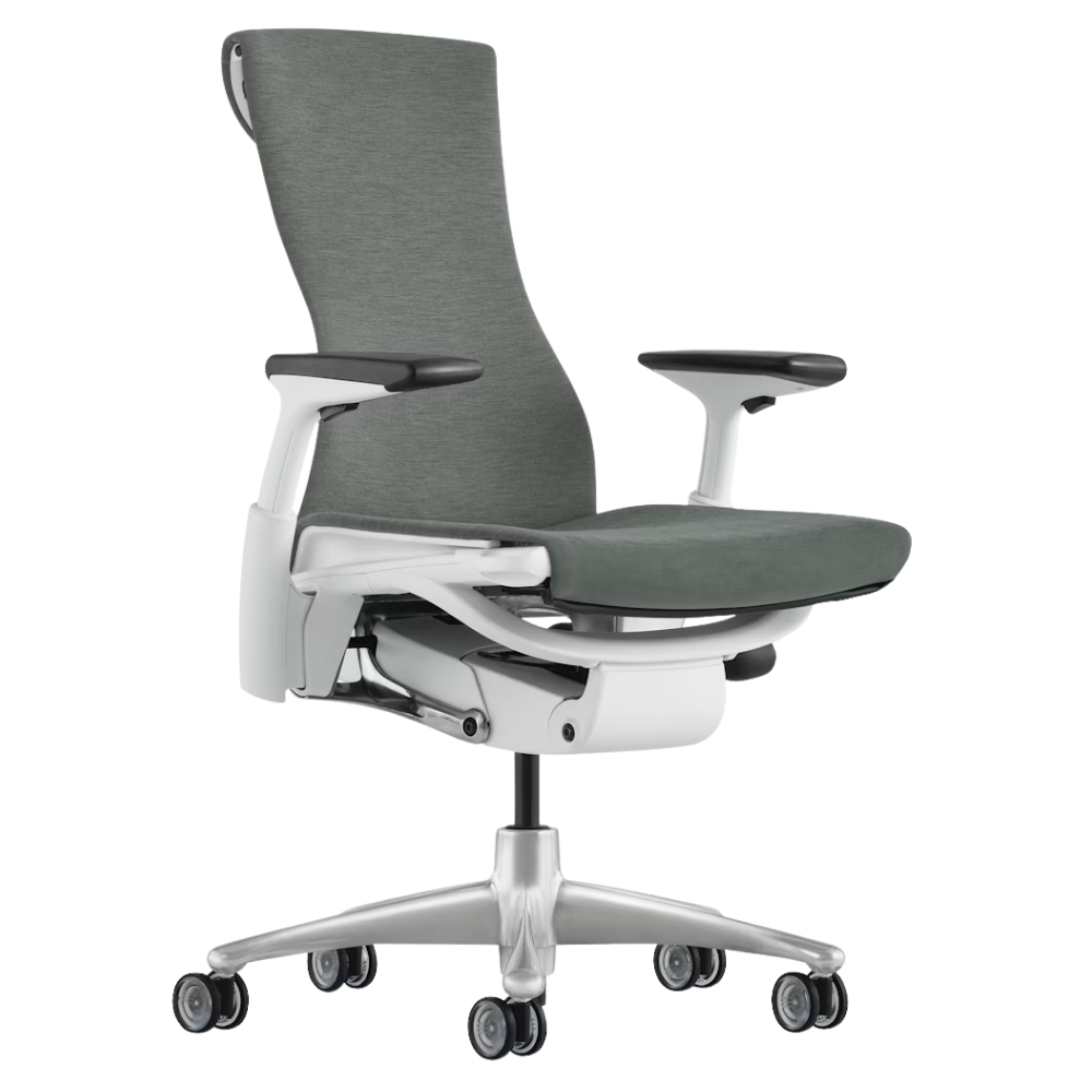 The Embody Chair from Herman Miller with feather grey medley fabric, white and titanium frame, and translucent hard floor or carpet casters.
