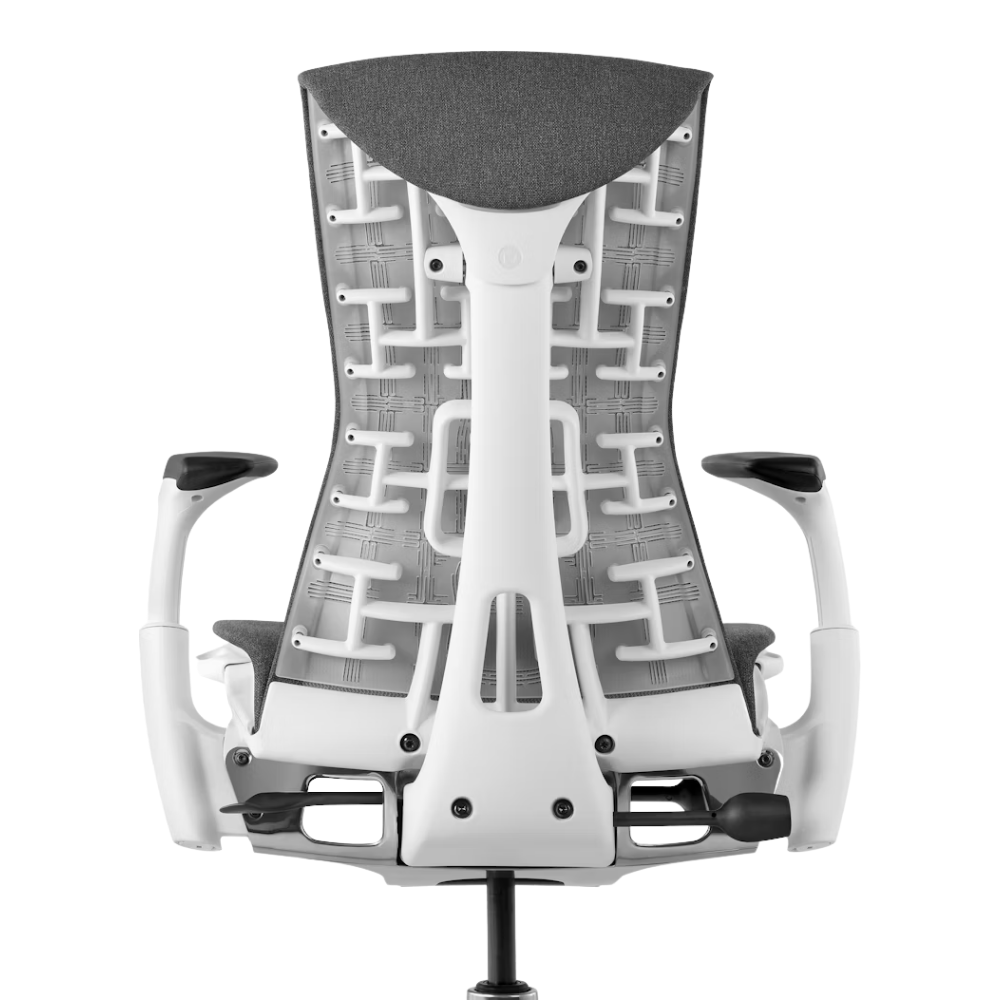 The Embody Chair from Herman Miller with feather grey medley fabric and a white frame from the back.