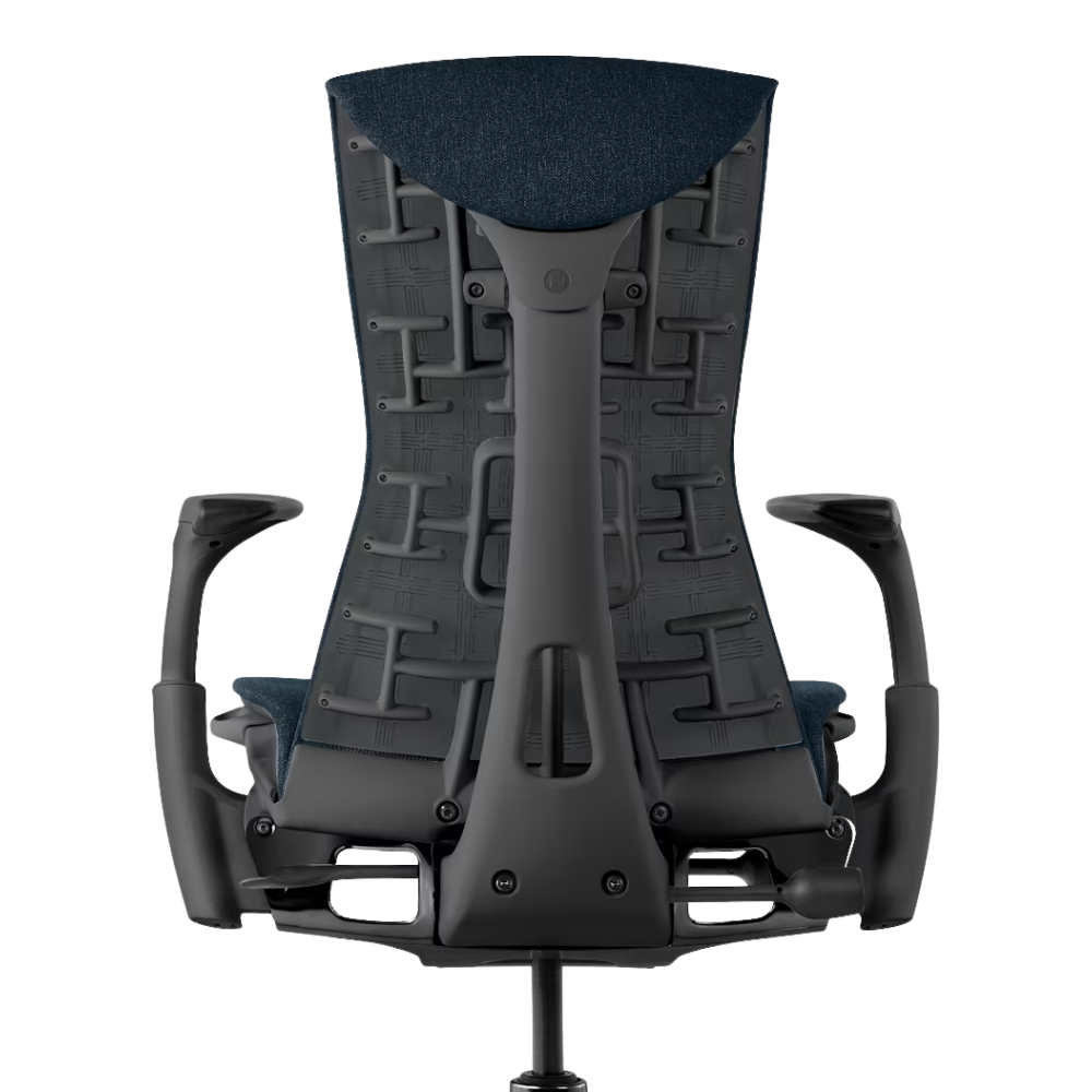 The Embody Chair from Herman Miller with nightfall sync fabric and a graphite frame from the back.