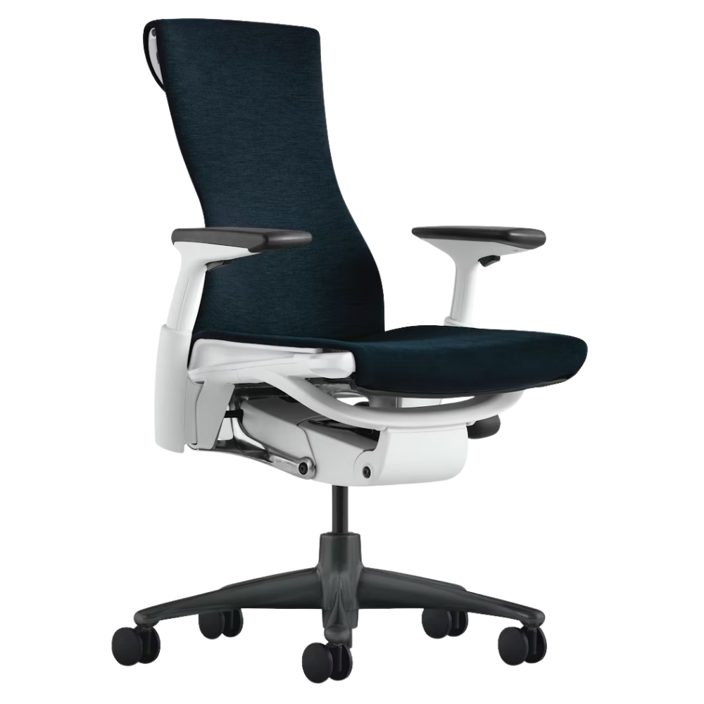 The Embody Chair from Herman Miller with nightfall sync fabric, white and graphite frame, and hard floor or carpet casters.