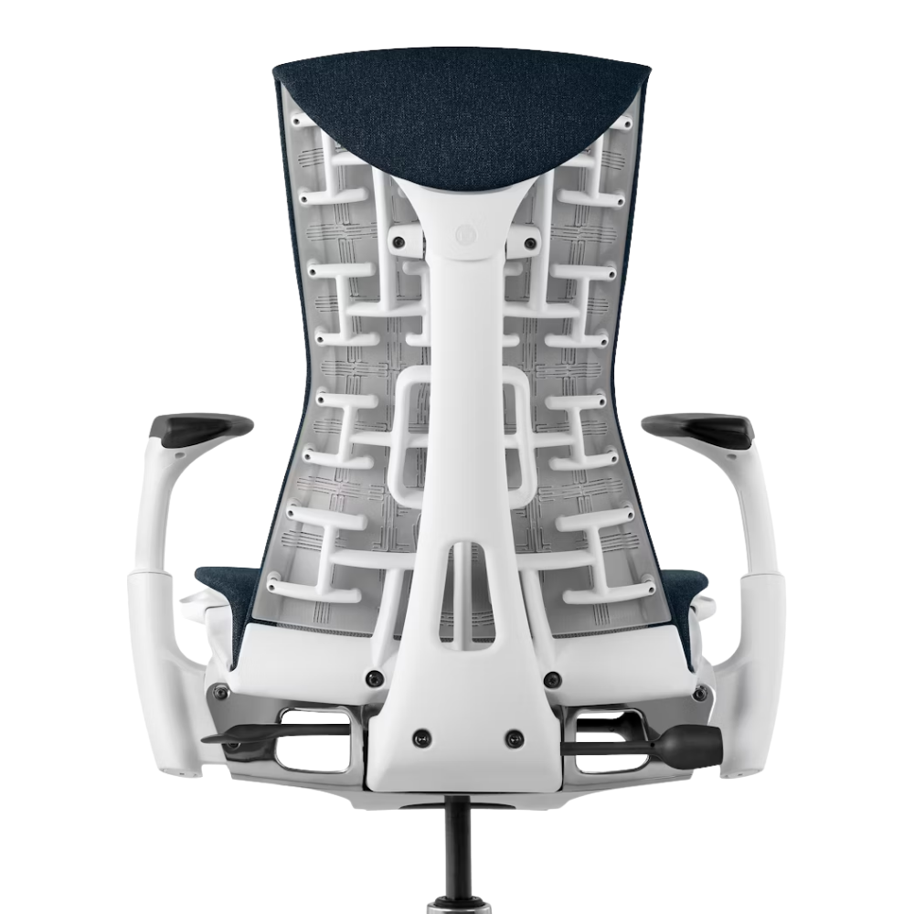 The Embody Chair from Herman Miller with nightfall sync fabric and a white frame from the back.