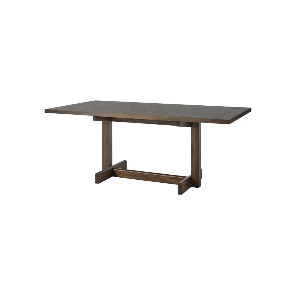 The 75 inch umber on oak Land Dining Table from Herman Miller from an angle.