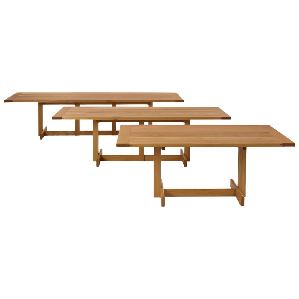 All three size options of the white oak Land Dining Table from Herman Miller.