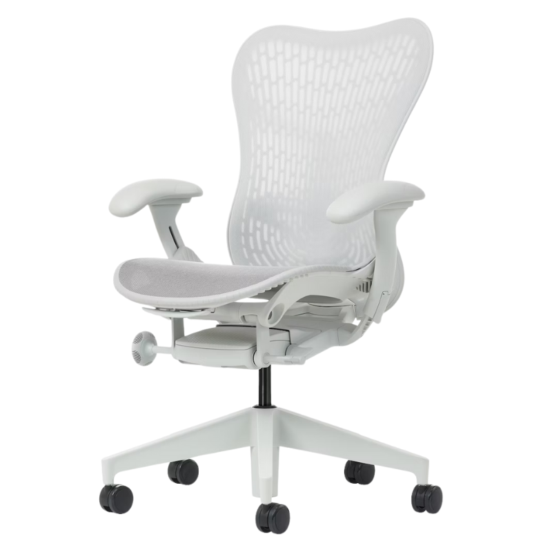 The Mirra 2 Chair from Herman Miller with the butterfly suspension back and alpine frame in alpine color from an angle.