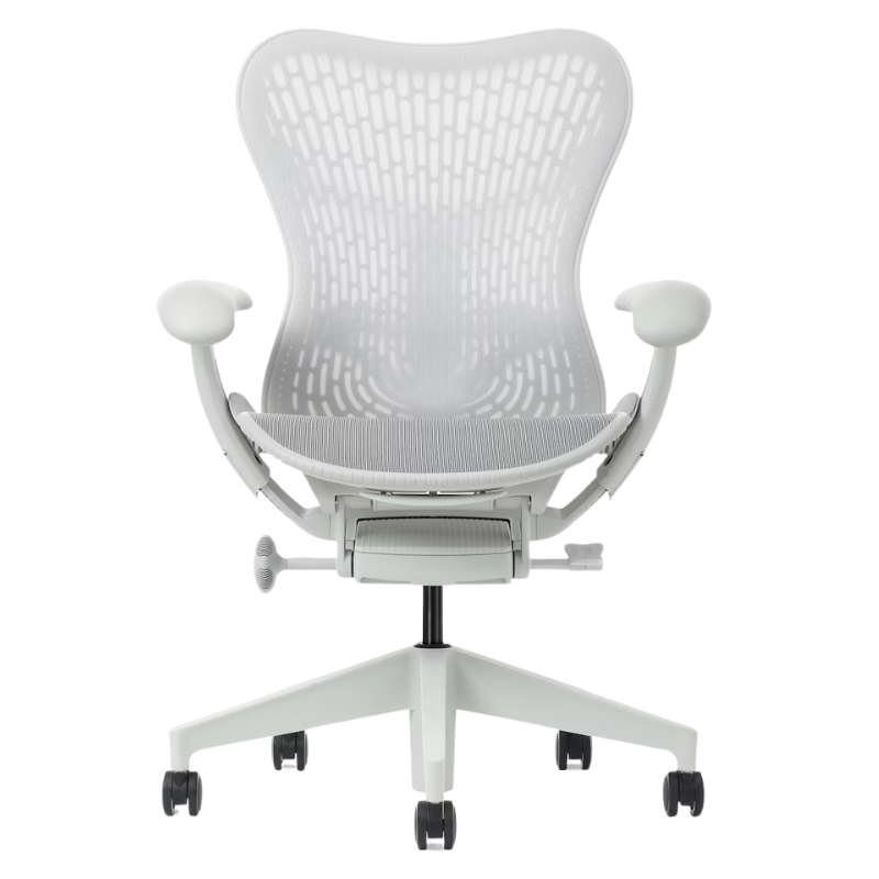 The Mirra 2 Chair from Herman Miller with the butterfly suspension back and alpine frame in alpine color from the front.