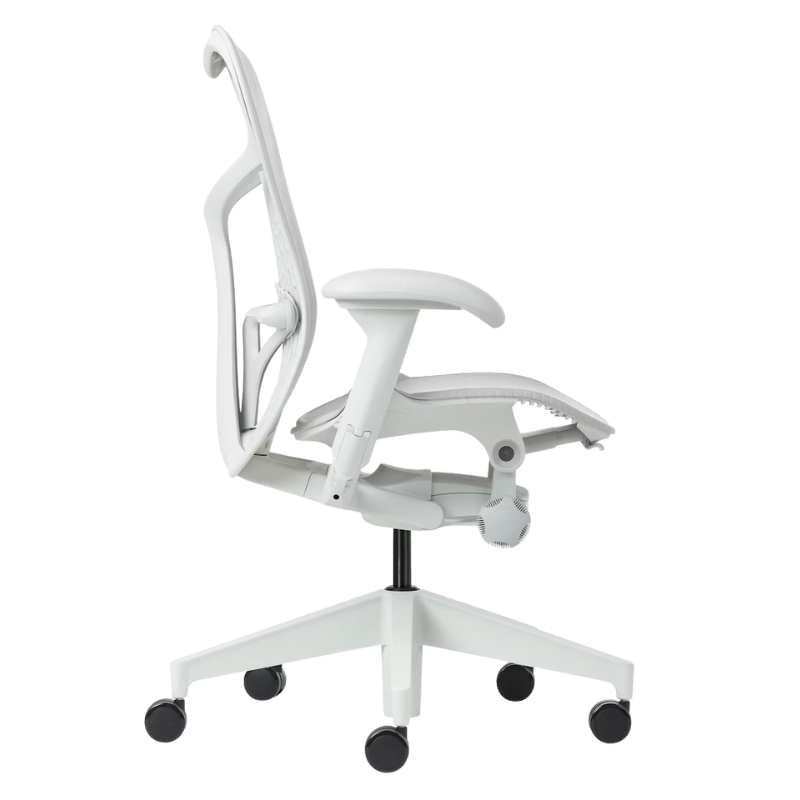 The Mirra 2 Chair from Herman Miller with the butterfly suspension back and alpine frame in alpine color from the side.