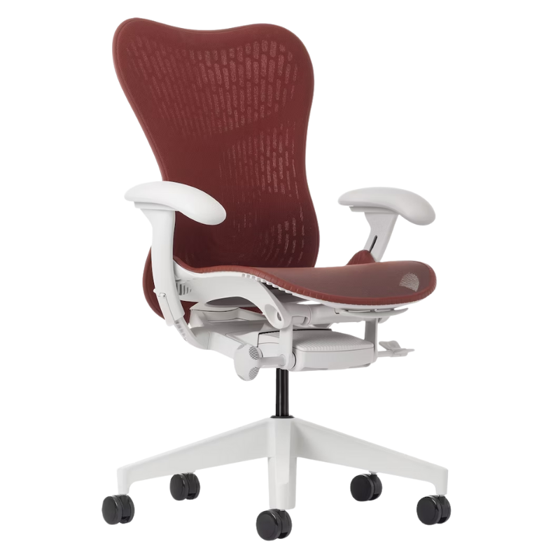 The Mirra 2 Chair from Herman Miller with the butterfly suspension back and alpine frame in cordovan colo from an angle.