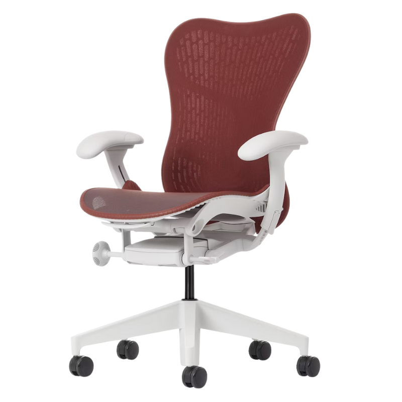 The Mirra 2 Chair from Herman Miller with the butterfly suspension back and alpine frame in cordovan color angled.