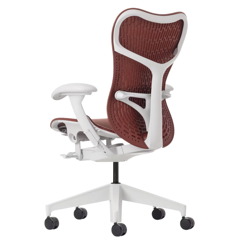 The Mirra 2 Chair from Herman Miller with the butterfly suspension back and alpine frame in cordovan color from the back corner.
