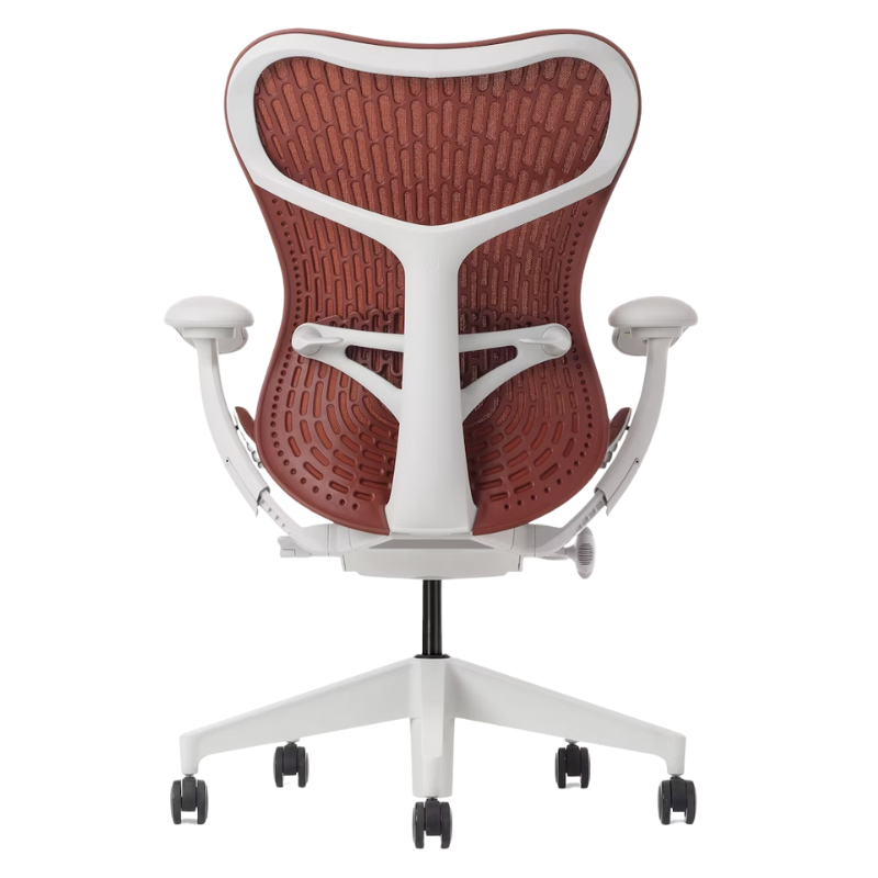 The Mirra 2 Chair from Herman Miller with the butterfly suspension back and alpine frame in cordovan color from the back.