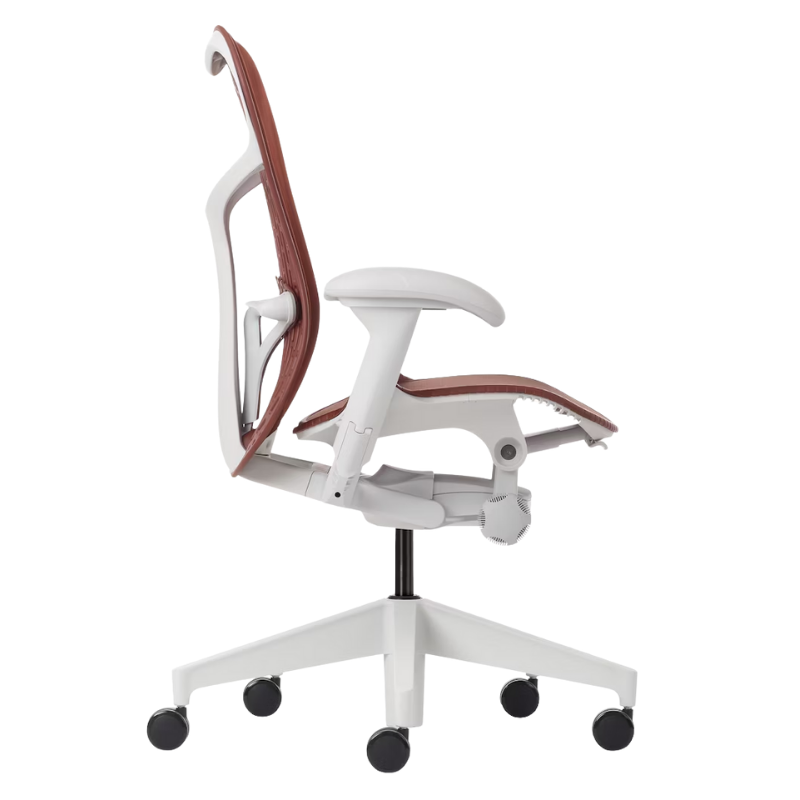 The Mirra 2 Chair from Herman Miller with the butterfly suspension back and alpine frame in cordovan color from the other side.