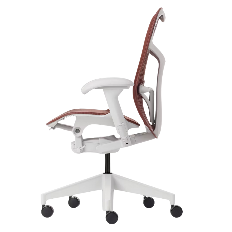 The Mirra 2 Chair from Herman Miller with the butterfly suspension back and alpine frame in cordovan color from the side.