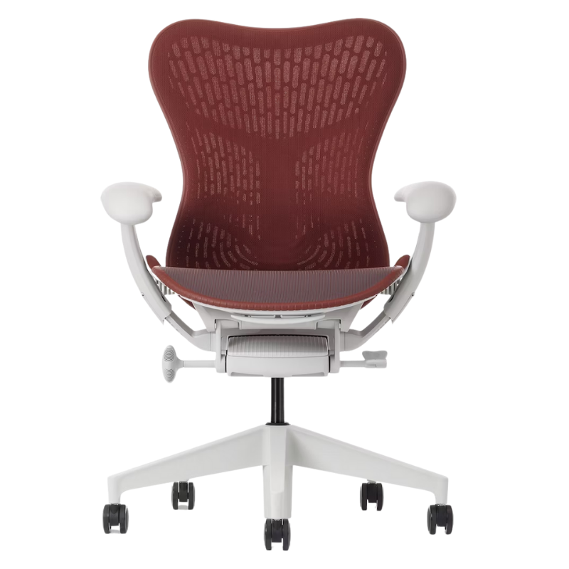 The Mirra 2 Chair from Herman Miller with the butterfly suspension back and alpine frame in cordovan color.
