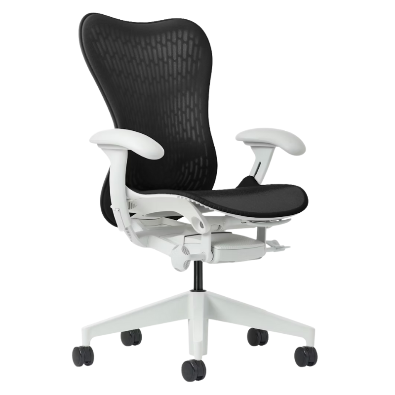 The Mirra 2 Chair from Herman Miller with the butterfly suspension back and alpine frame in graphite color.