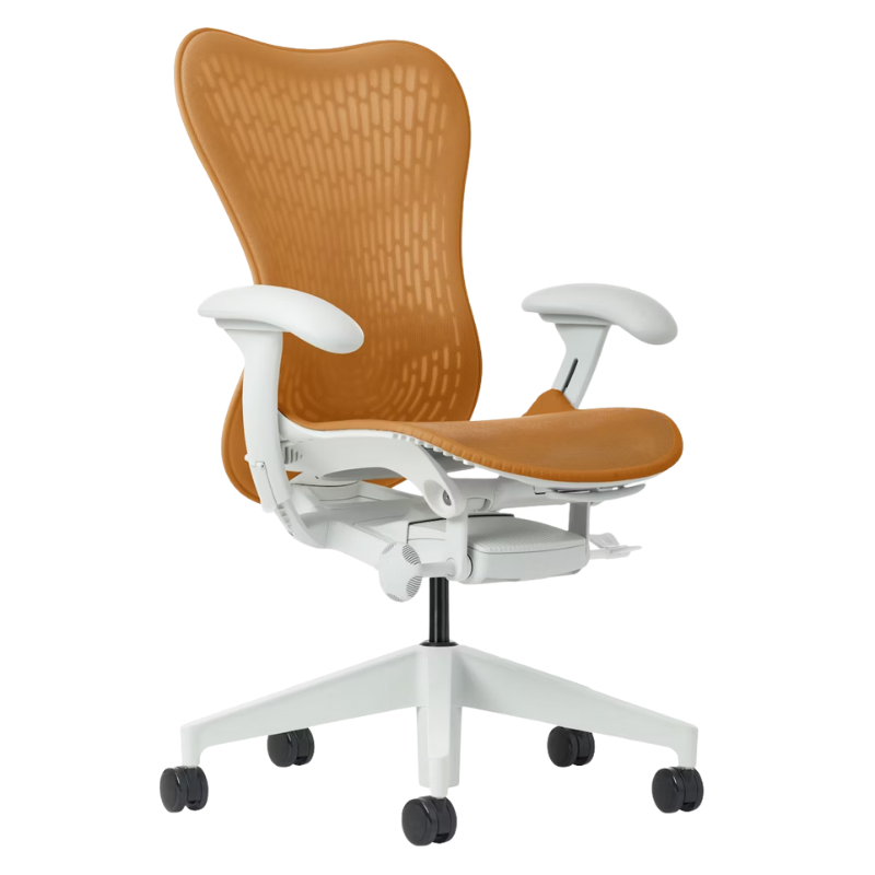 The Mirra 2 Chair from Herman Miller with the butterfly suspension back and alpine frame in ochre color.