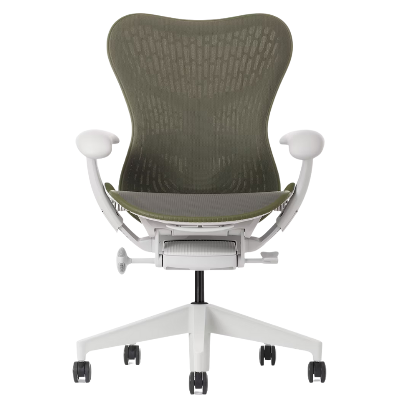 The Mirra 2 Chair from Herman Miller with the butterfly suspension back and alpine frame in olive color from the front.