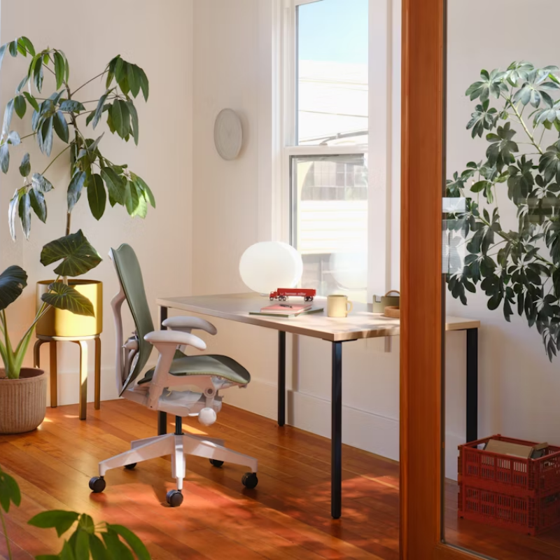 The Mirra 2 Chair from Herman Miller with the butterfly suspension back and alpine frame in olive color in a work space.