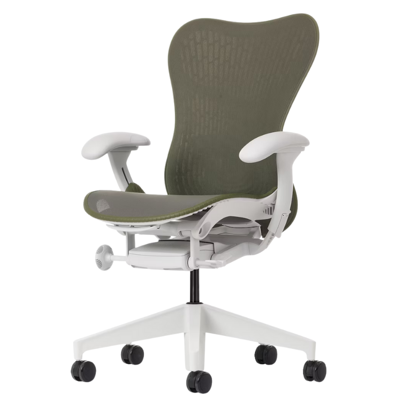 The Mirra 2 Chair from Herman Miller with the butterfly suspension back and alpine frame in olive color.
