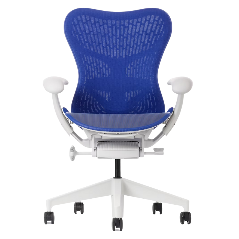The Mirra 2 Chair from Herman Miller with the butterfly suspension back and alpine frame in ultramarine blue color from the front.