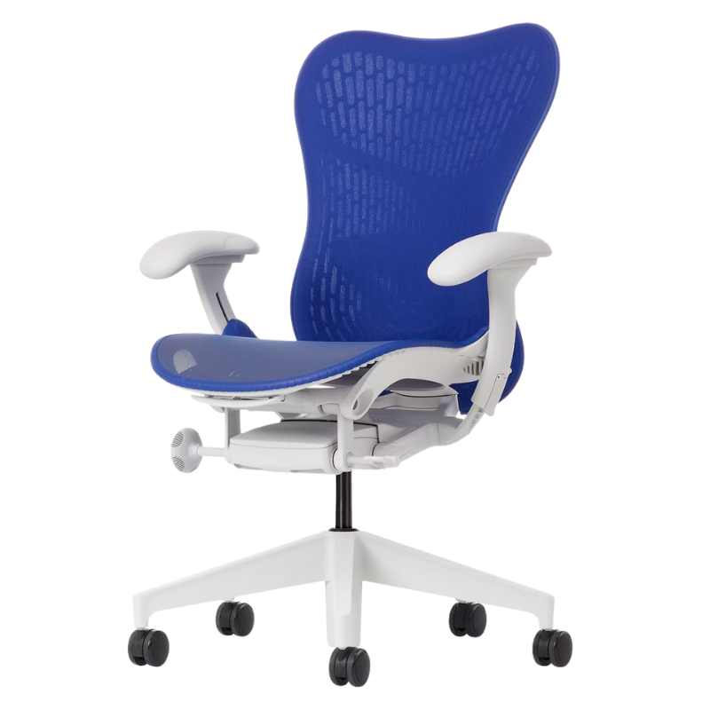 The Mirra 2 Chair from Herman Miller with the butterfly suspension back and alpine frame in ultramarine blue color.