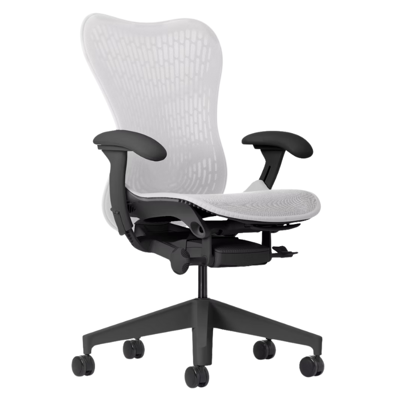 The Mirra 2 Chair from Herman Miller with the butterfly suspension back and graphite frame in alpine color.